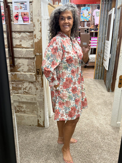 UMGEE Rust Mix Floral Print Smocked Cuff Mini Dress