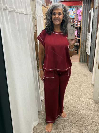 Maroon Scuba Raw Edge Lounge Set