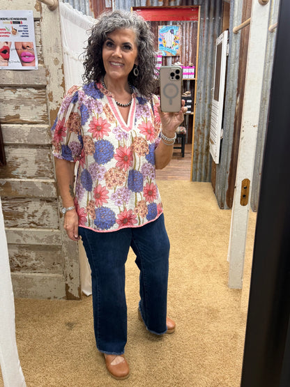 UMGEE Pink Floral Print Puff Sleeve Top