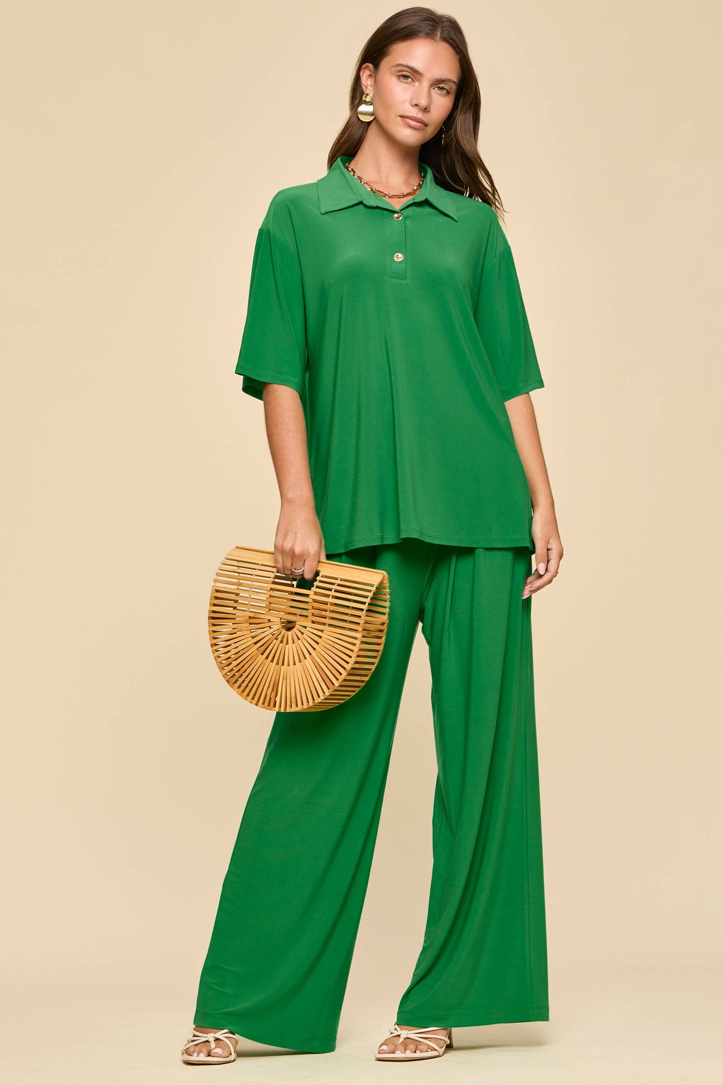 2-Piece Blouse + Relaxed Pants Resort Wear Kelly Green Set