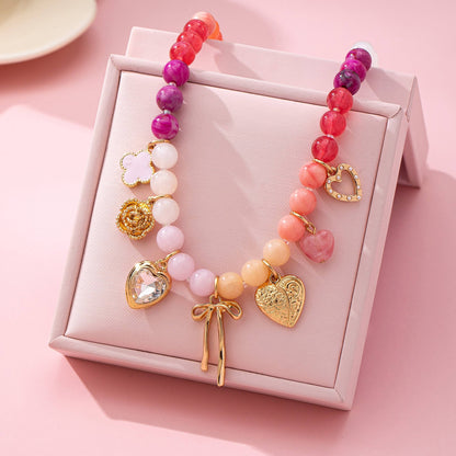 Pastel Beaded Bow Heart Flower Charm Necklace | 80N92704: GOLD