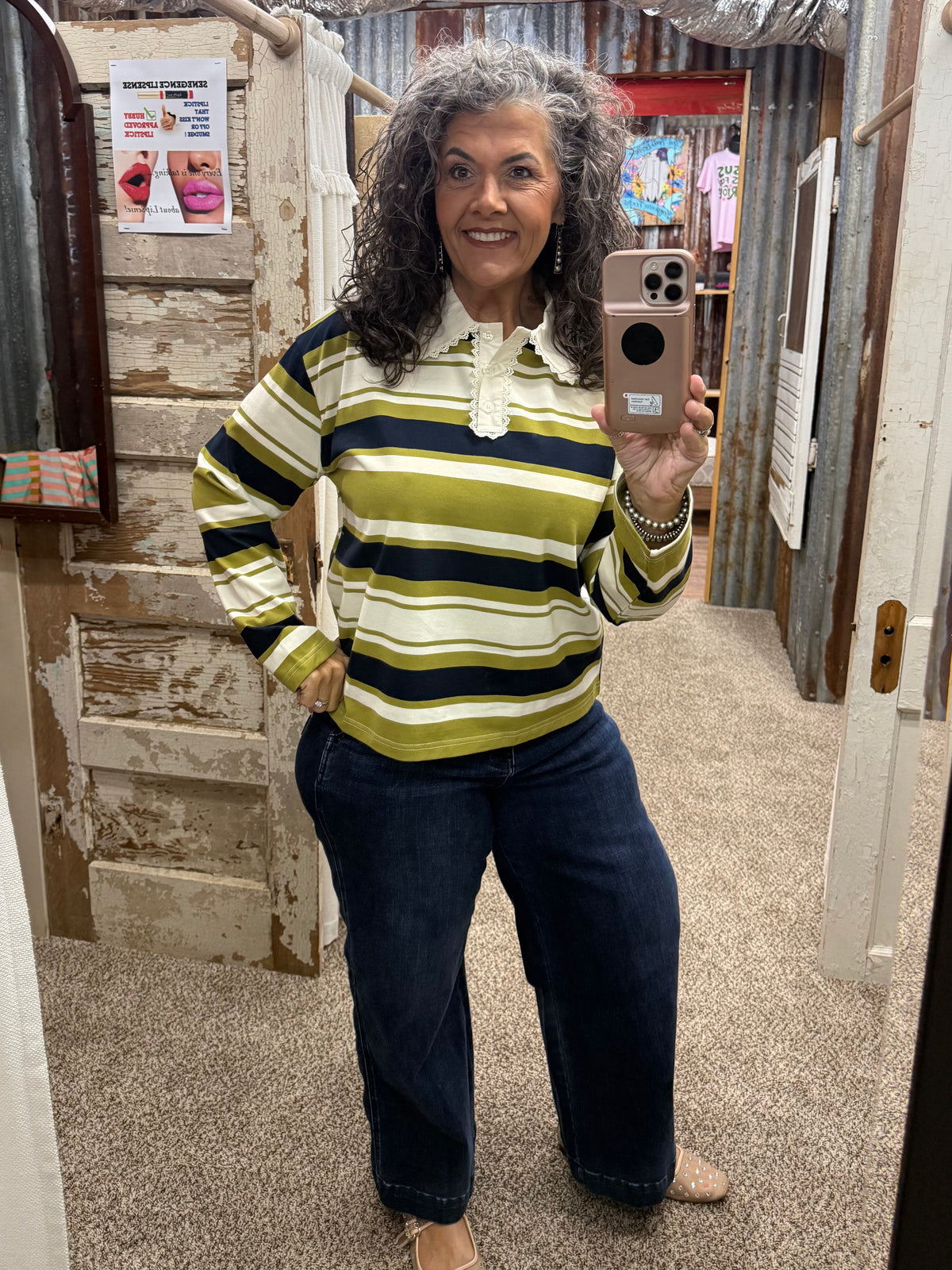 AnnieWear Striped Rugby Top with Contrast Lace Collar - Olive
