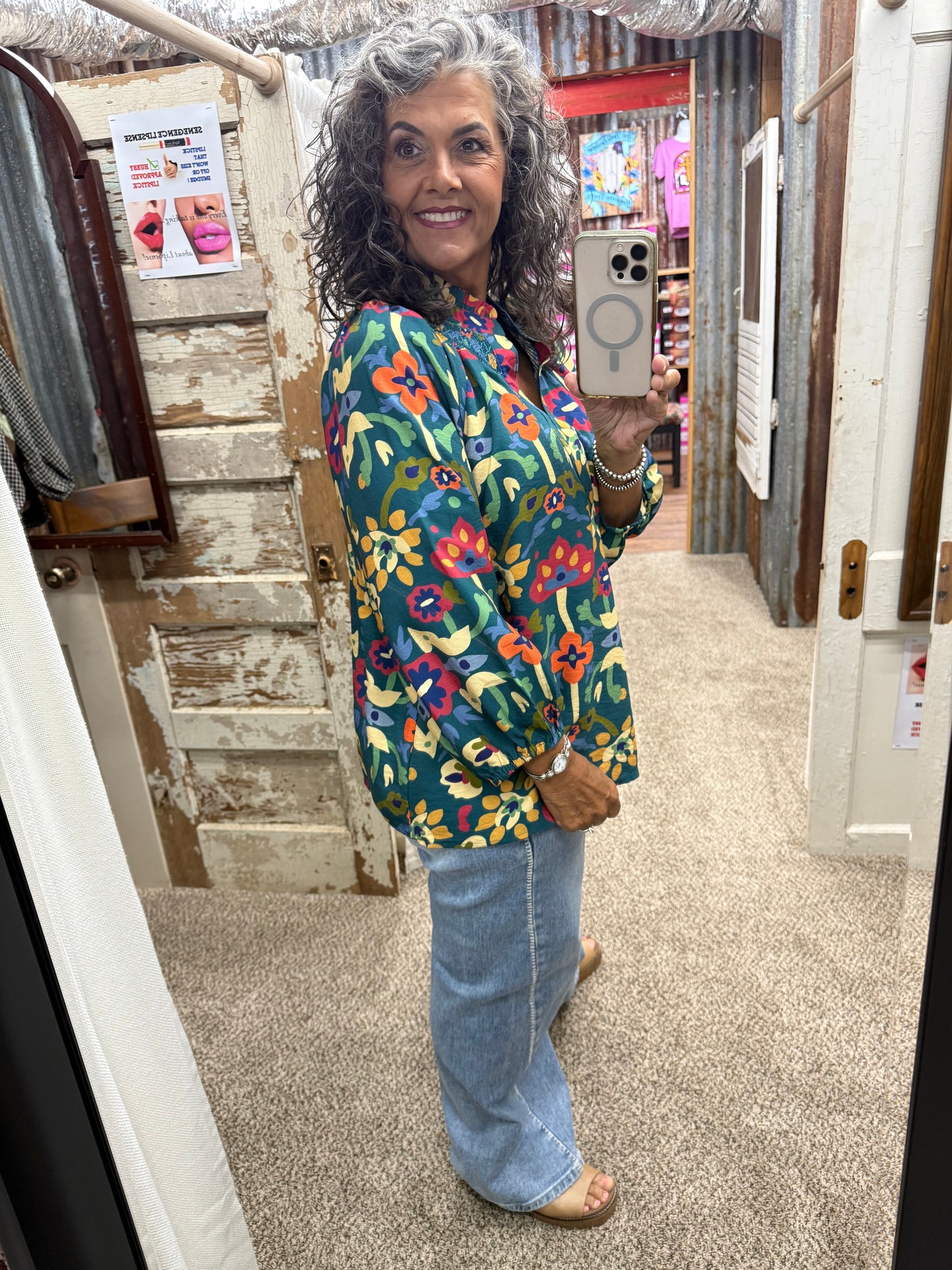 UMGEE Teal Floral Print Split Neck Blouse