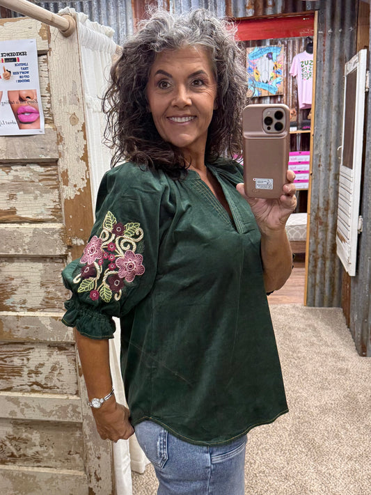 UMGEE Grass Embroidered Sleeve Corduroy Blouse