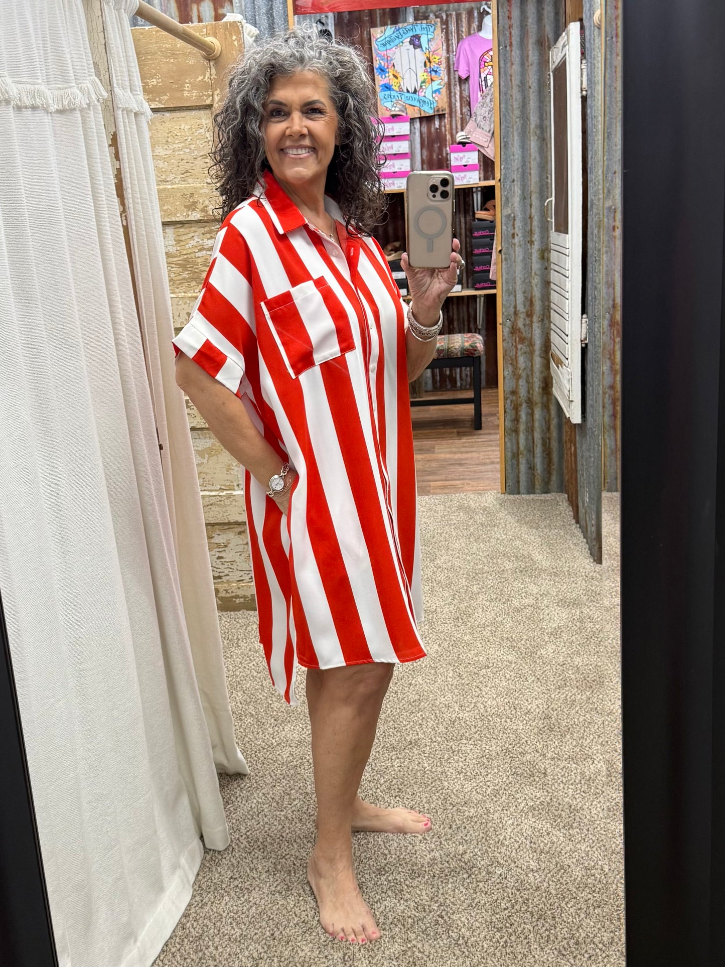 Vertical Stripe Short Sleeve Button-up Shirt Dress : TOMATO WHITE