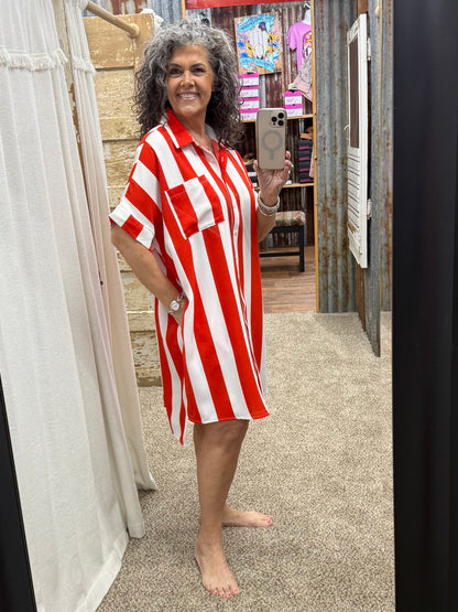 Vertical Stripe Short Sleeve Button-up Shirt Dress : TOMATO WHITE