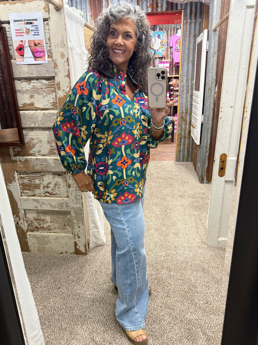 UMGEE Teal Floral Print Split Neck Blouse