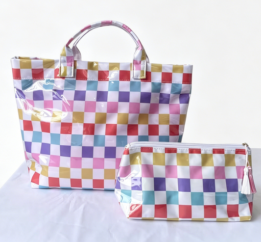 Colorful Color Block Striped Tote Bag Snap Waterproof Beach Bag Set