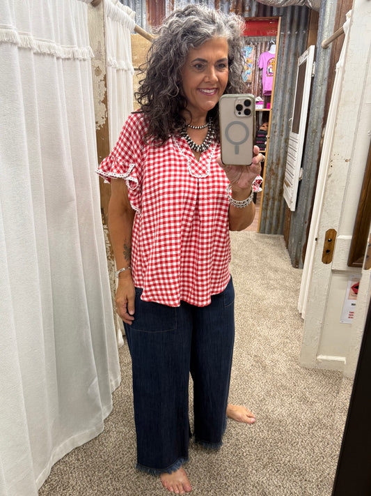 UMGEE Red Gingham Ruffle Top