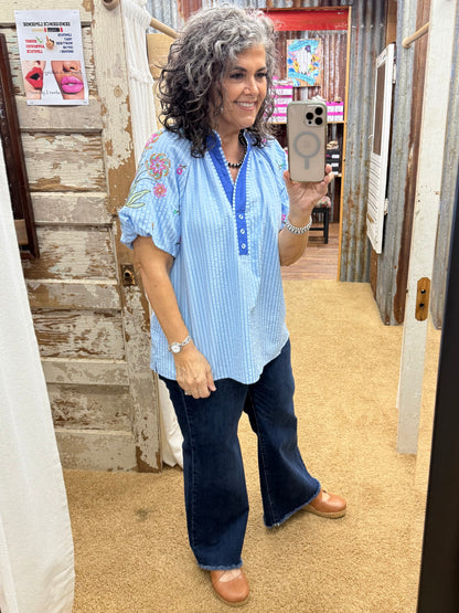 UMGEE Blue Embroidered Stripe Top