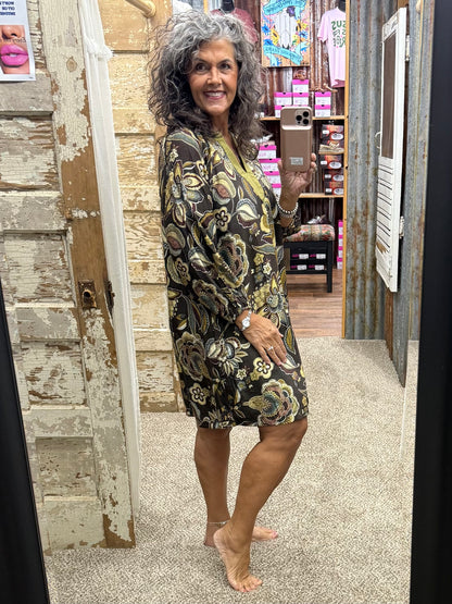 UMGEE Brown Floral Paisley Split Neck Mini Dress