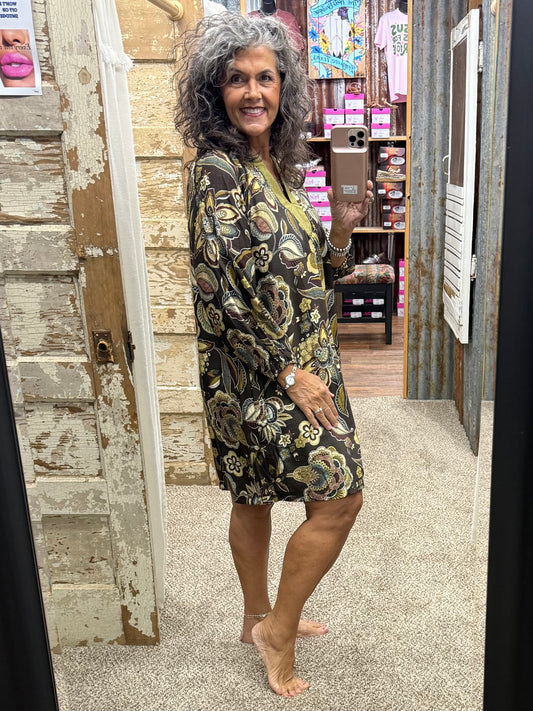 UMGEE Brown Floral Paisley Split Neck Mini Dress