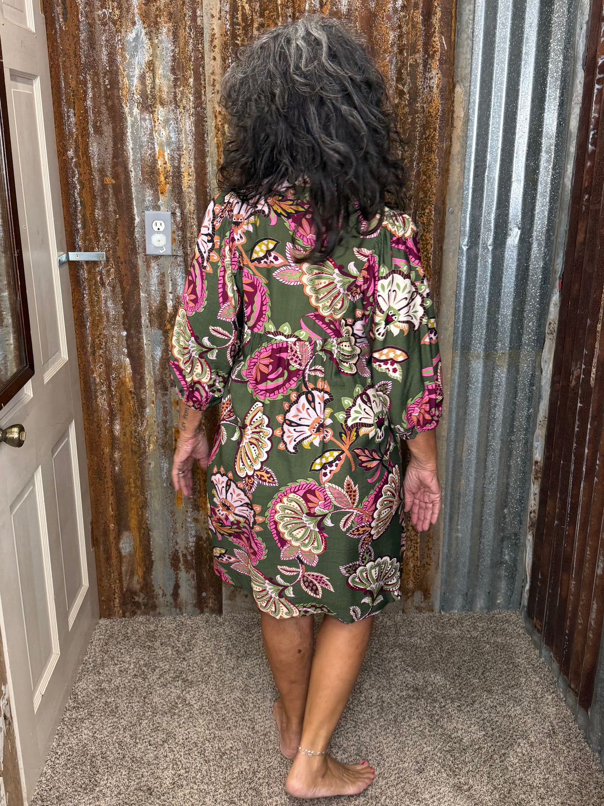 UMGEE Olive Abstract Print Puff Sleeve Babydoll Dress