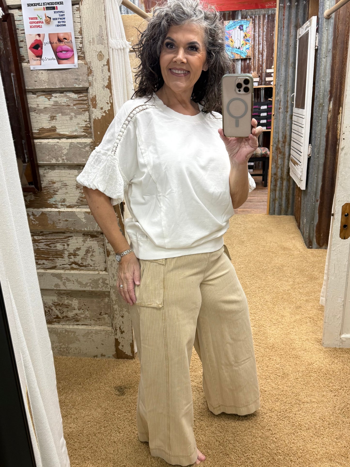 OFF WHITE EYELET LACE SLEEVES WASHED TERRY TOP