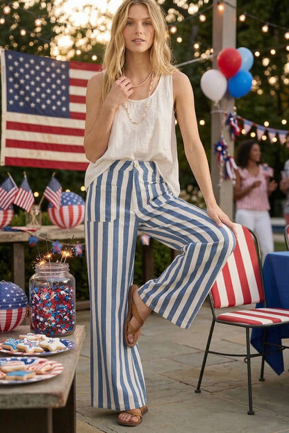 Striped Wide Leg Denim Pants: BLUE/WHITE