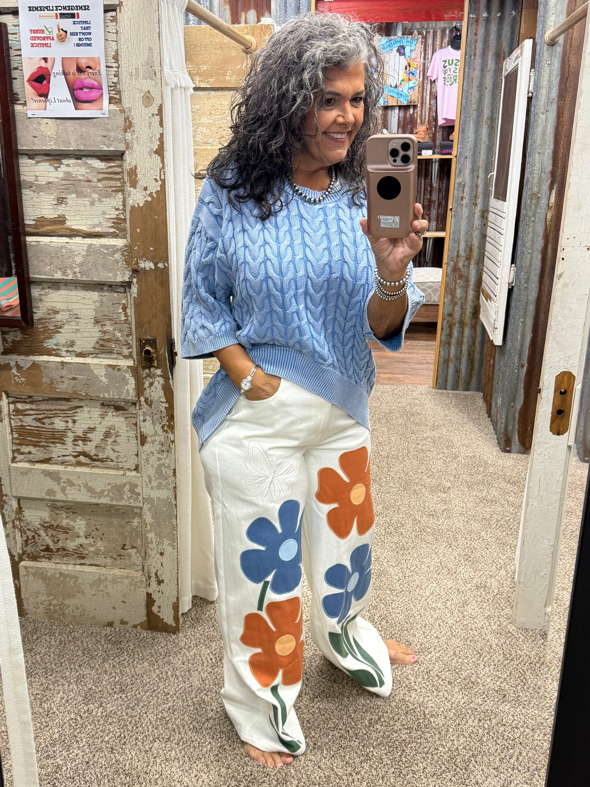 RETRO FLORAL APPLIQUE WIDE LEG COTTON PANTS: OFF WHITE