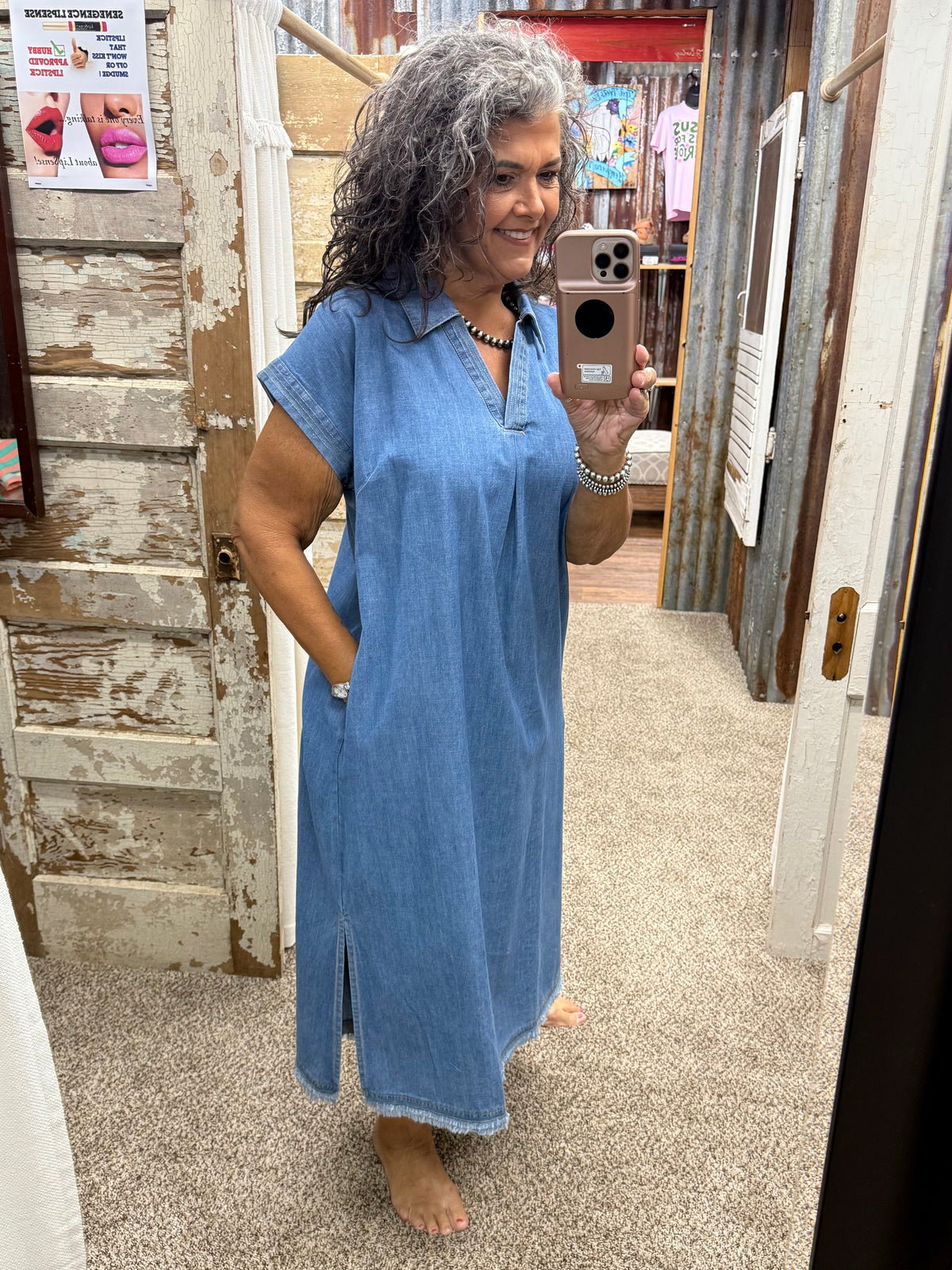 UMGEE Light Denim Washed Collared Denim Midi Dress