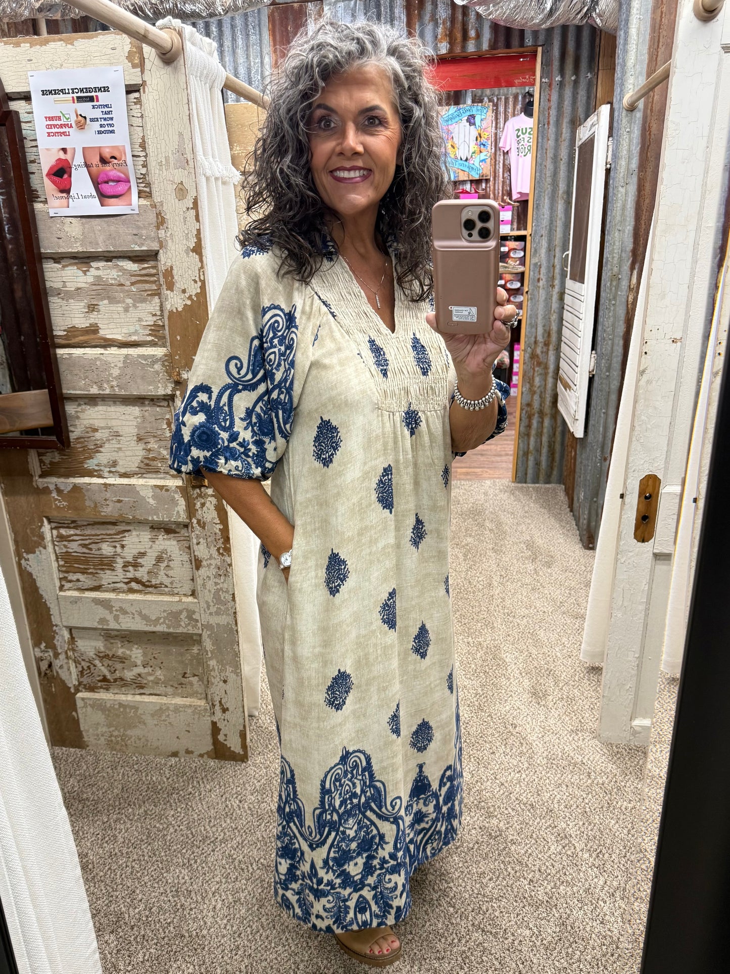 UMGEE Navy Border Print Smocked Detail Midi Dress