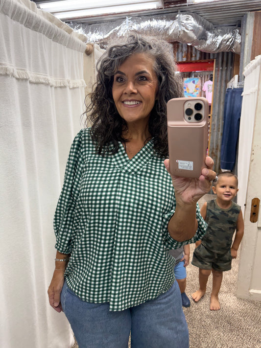 UMGEE Hunter Green Gingham Check Collared Puff Sleeve Blouse