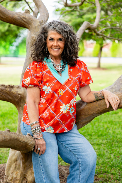 EASEL RED FLORAL PRINTED POPLIN TOP
