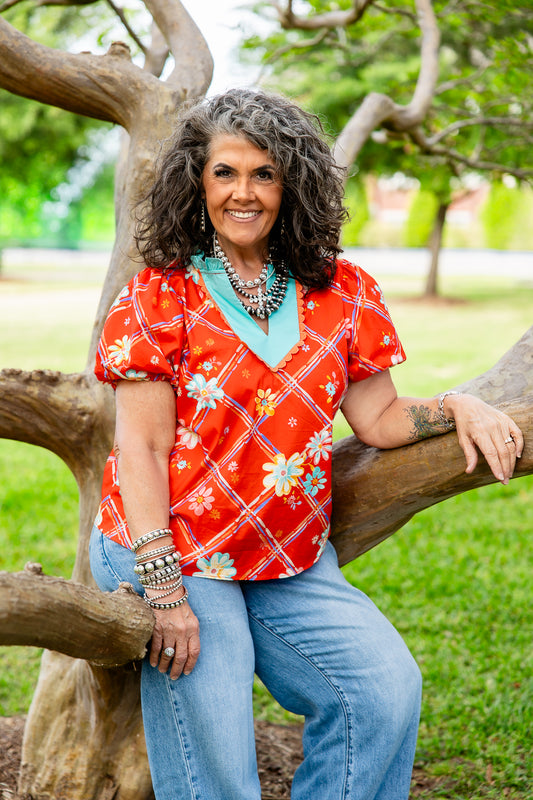 EASEL RED FLORAL PRINTED POPLIN TOP