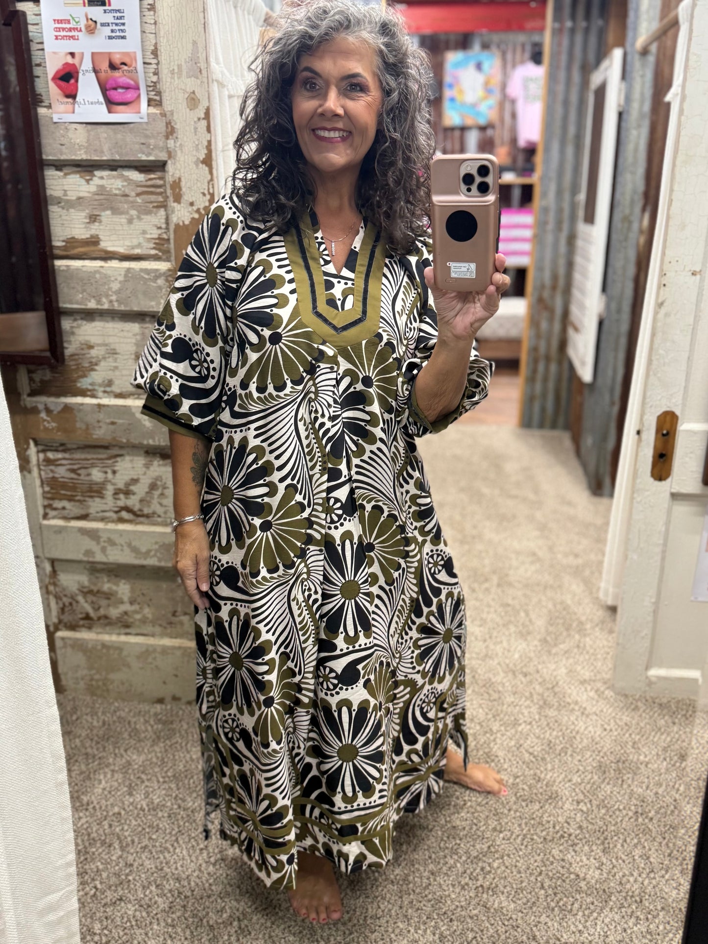 Umgee Olive Mix Abstract Print Midi Dress