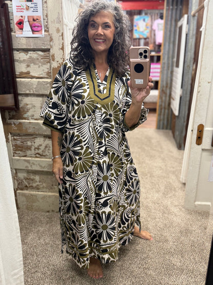 Umgee Olive Mix Abstract Print Midi Dress