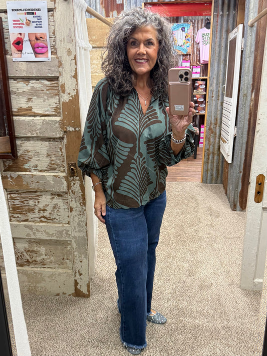 UMGEE Teal Abstract Leaf Print V-Neck Balloon Sleeve Blouse