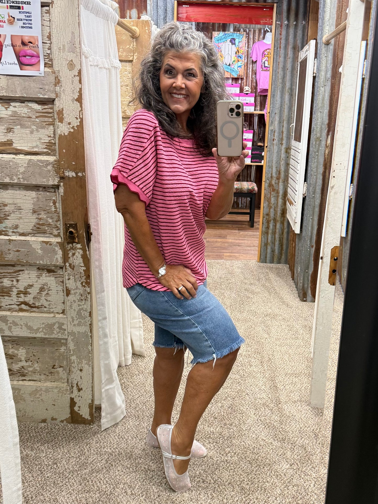 Scallop Trim Stripe Knit Top: PINK STRIPE