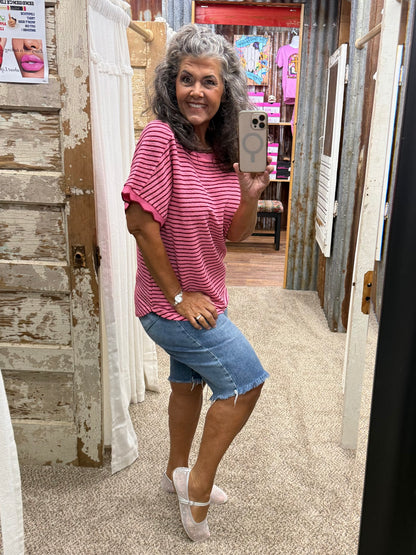 Scallop Trim Stripe Knit Top: PINK STRIPE
