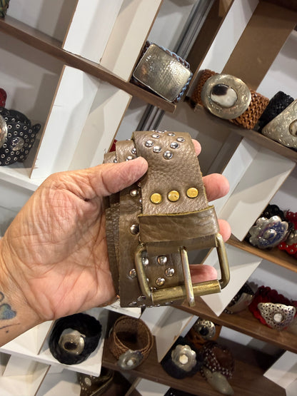Narrow Studded Leather Belt - Taupe