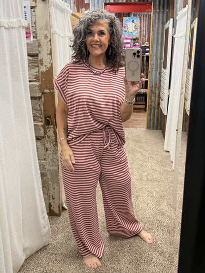 Striped Rib Top and Pants Lounge Set: DUSTY ROSE/BROWN