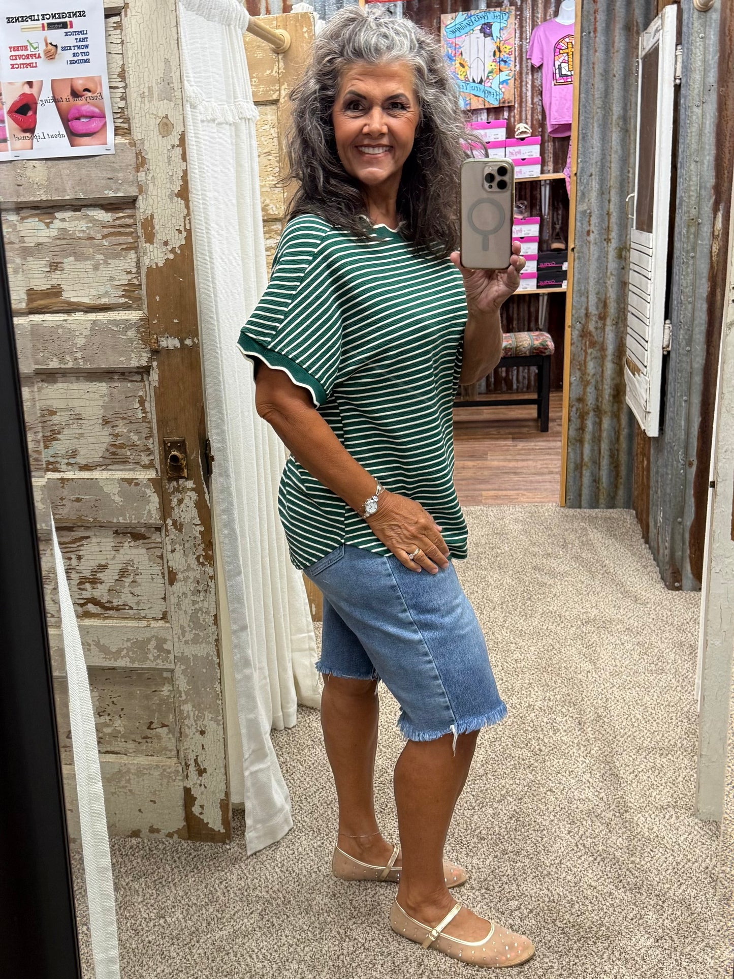 Scallop Trim Stripe Knit Top: GREEN STRIPE