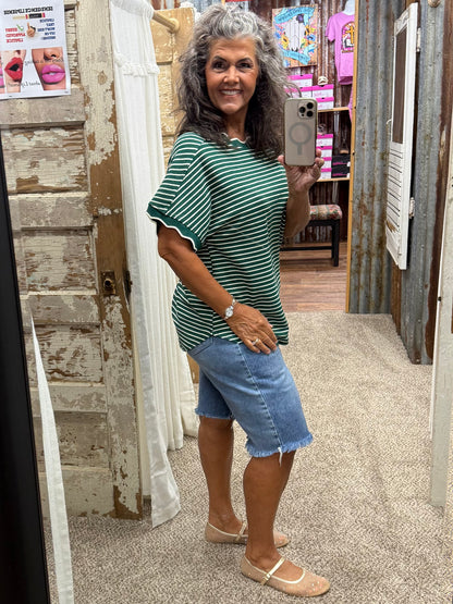 Scallop Trim Stripe Knit Top: GREEN STRIPE