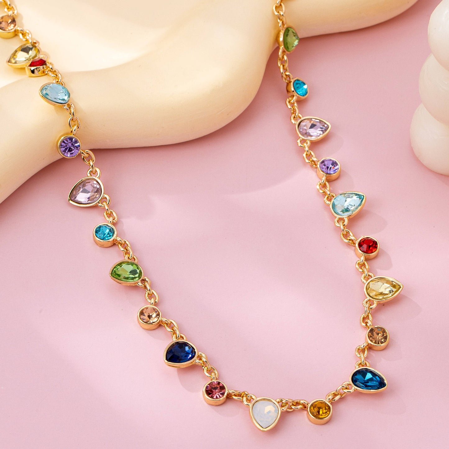 Rainbow Teardrop Gemstone Charm Necklace | 80N92832: Gold