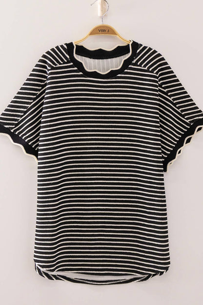 Scallop Trim Stripe Knit Top: BLACK STRIPE
