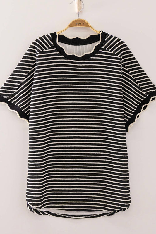 Scallop Trim Stripe Knit Top: BLACK STRIPE