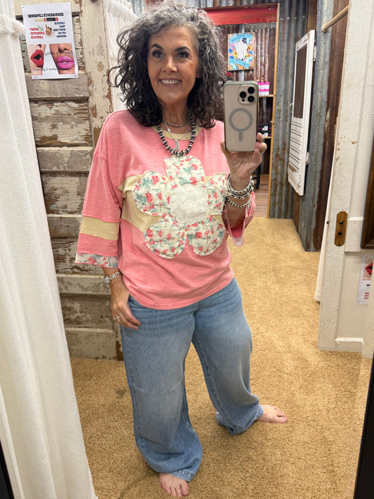 CANDY CORAL DAISY PRINT PATCH WASHED COTTON BOXY TOP