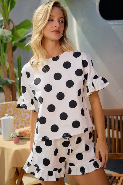 POLKA DOTS PRINTED RUFFLED DETAIL TOP AND SHORTS SET: IVORY/BLACK