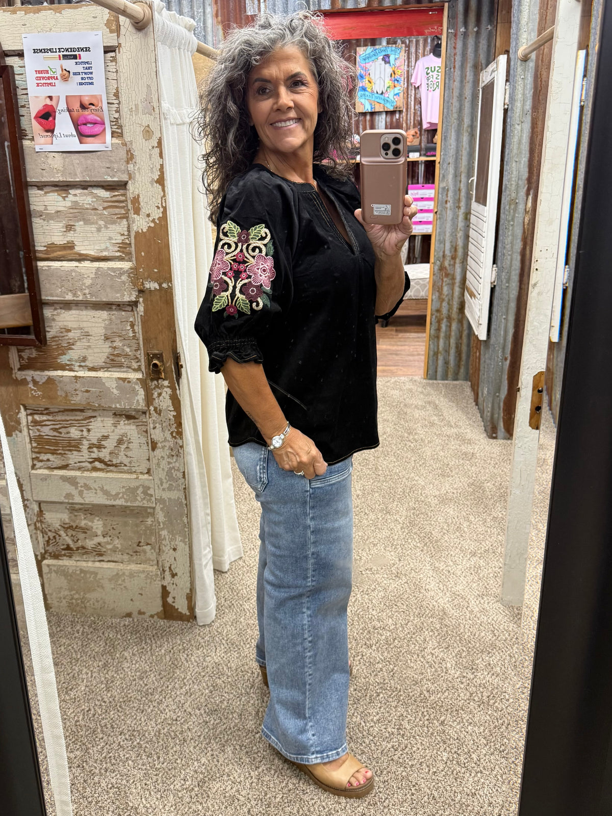 UMGEE Black Embroidered Sleeve Corduroy Blouse