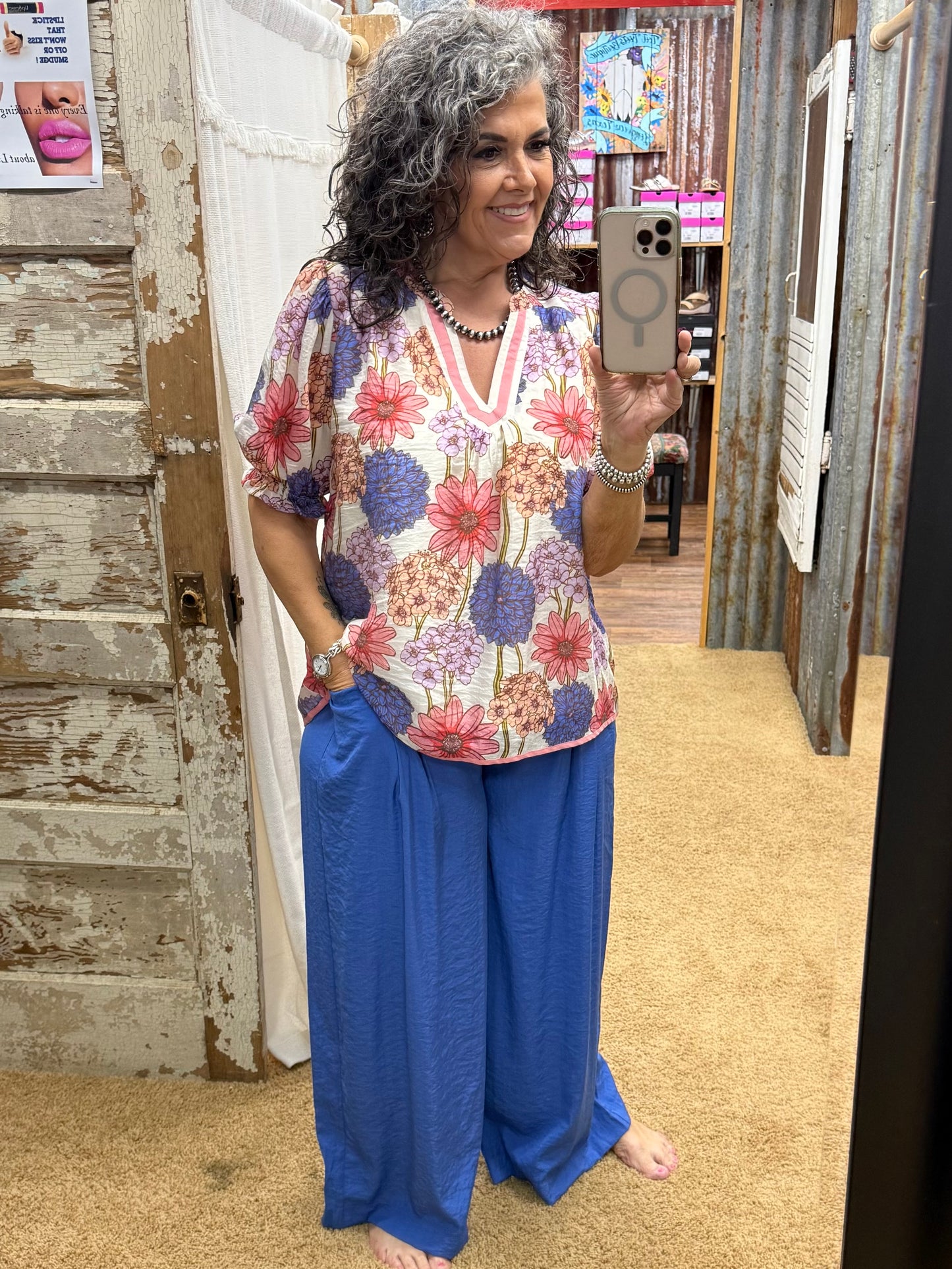 UMGEE Blue Solid Pleat Wide-Leg Cropped Pants