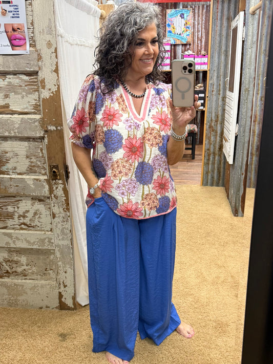 UMGEE Blue Solid Pleat Wide-Leg Cropped Pants