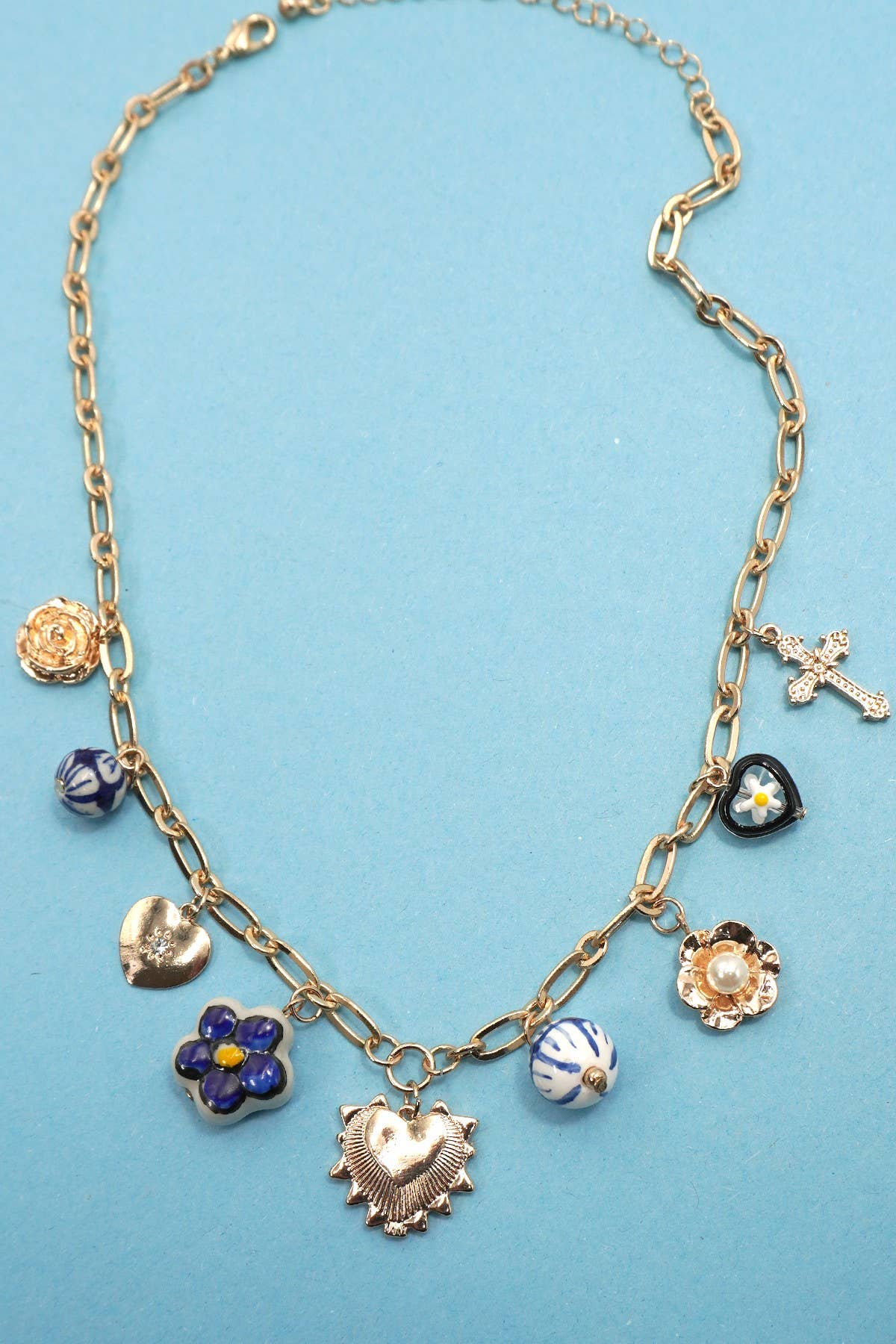 BLUE CERAMIC PORCELAIN HEART CROSS CHARM NECKLACE | 80N91624: GOLD