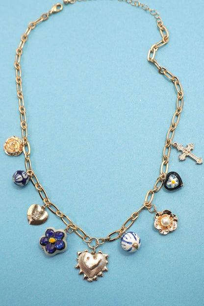BLUE CERAMIC PORCELAIN HEART CROSS CHARM NECKLACE | 80N91624: GOLD