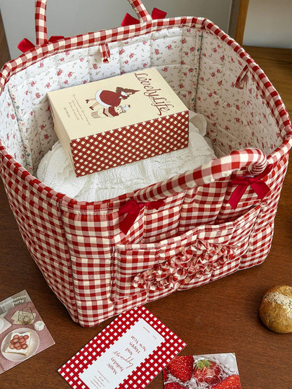 Red Gingham Laundry Basket Foldable Quilted Storage Basket