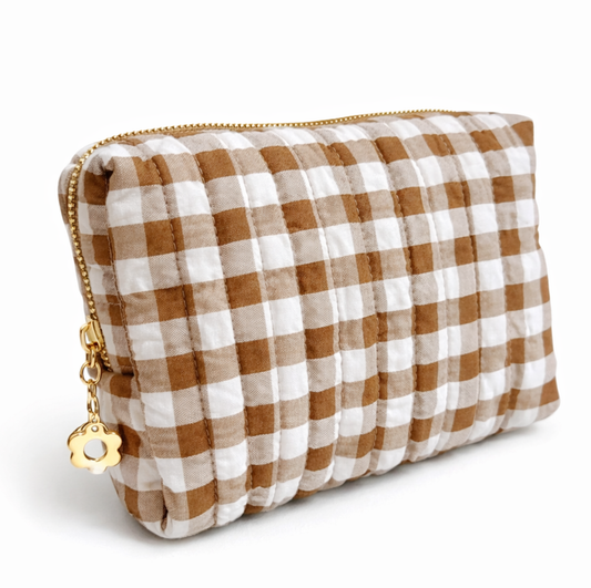 Everyday Color Gingham Cosmetic Bag – Lightweight Travel Pouch: Brown