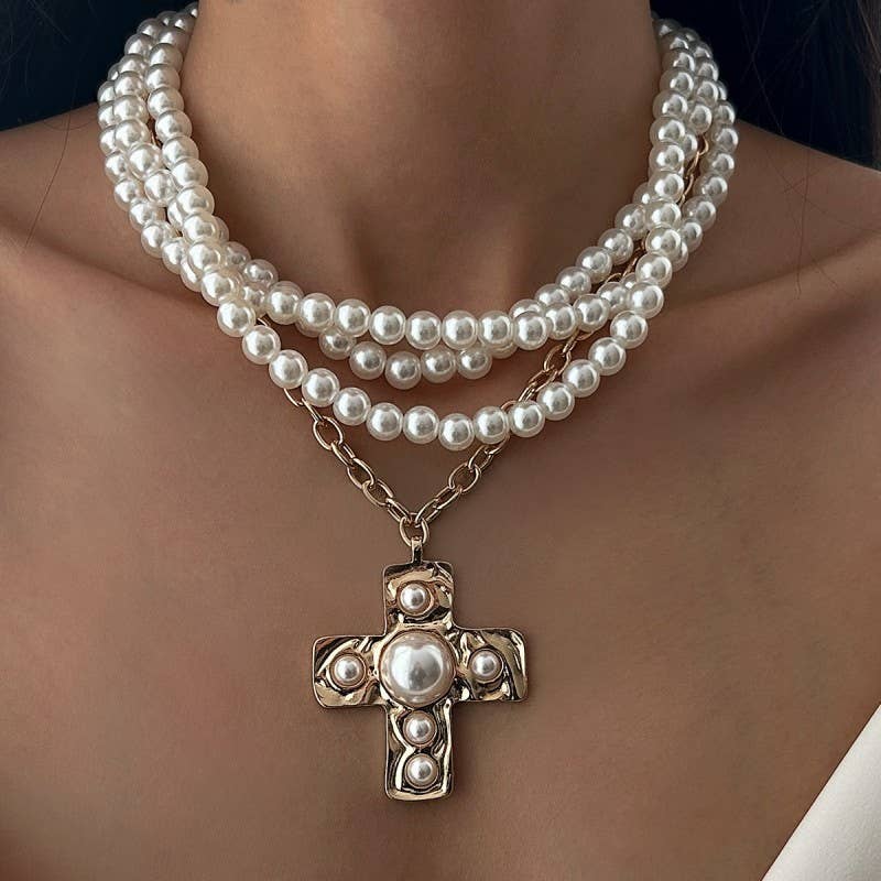 MULTI WRAP PEARL BEADED CROSS CHARM NECKLACE | 40NK9599: GOLD