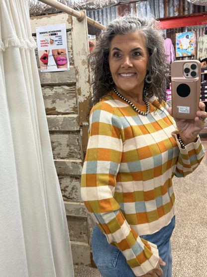 AnnieWear Rust Multi Color Check Wide Sleeve Sweater