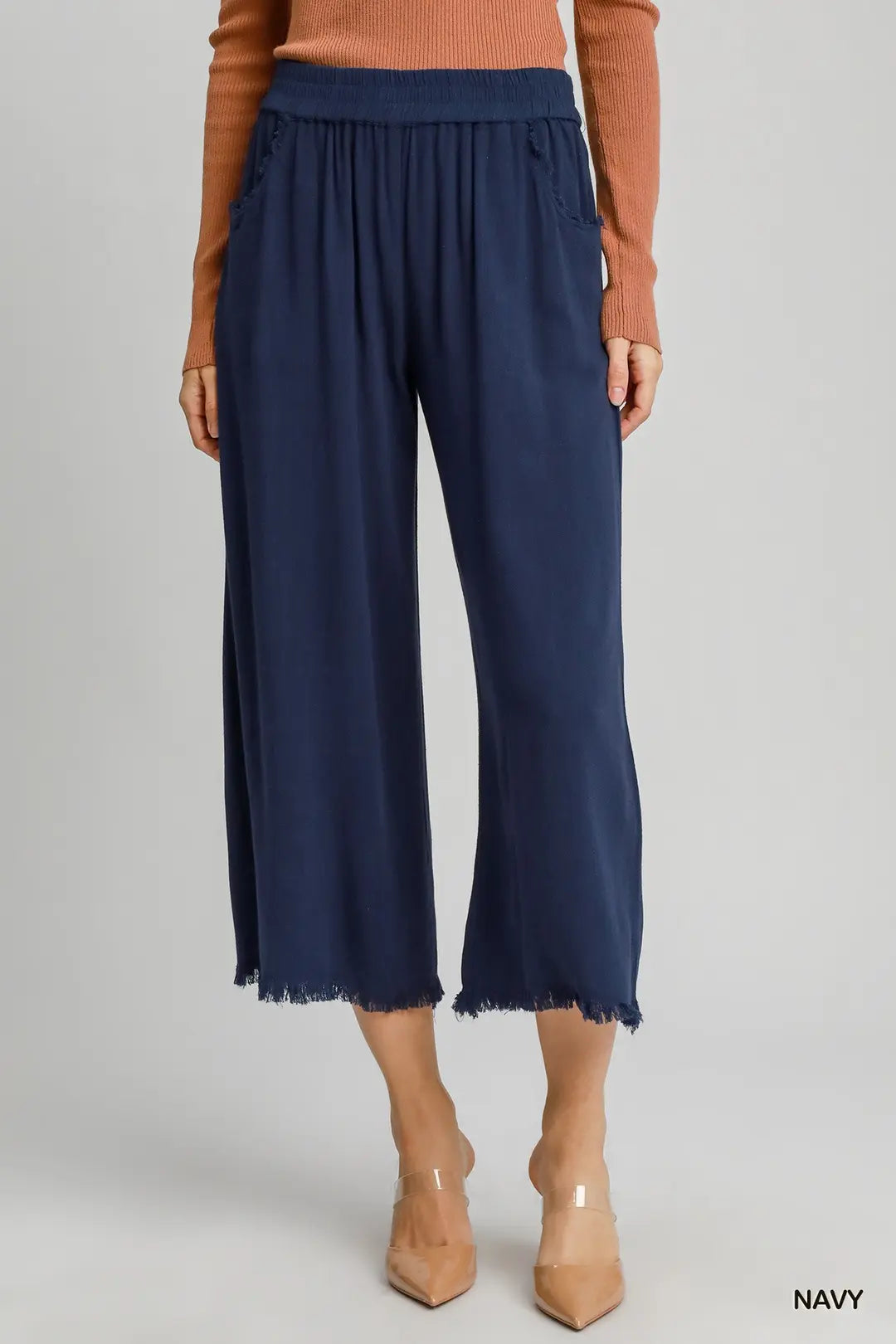 UMGEE Navy Frayed Hem Wide-Leg Pants