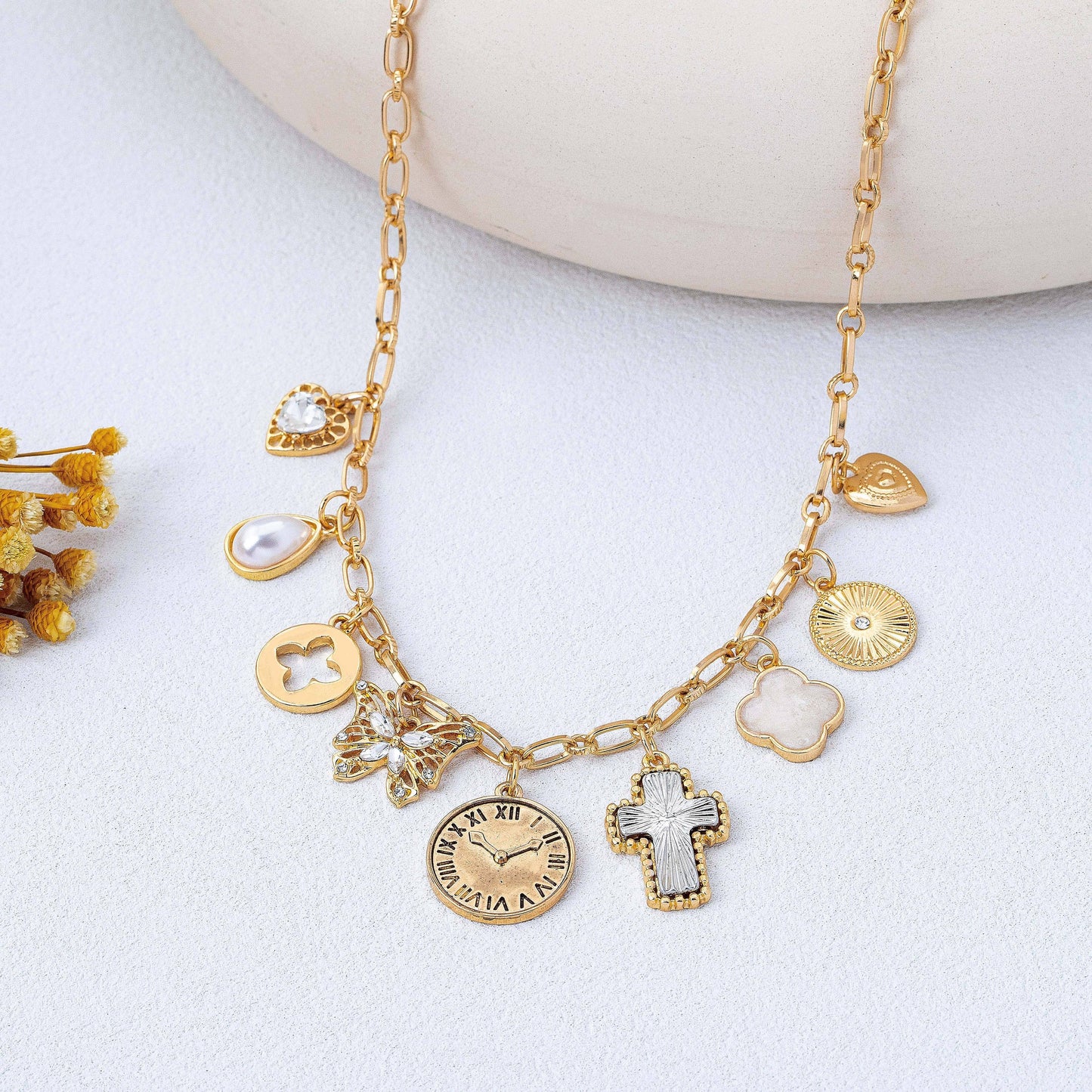 Eclectic Celestial & Vintage Charm Necklace | 80N93123: Gold